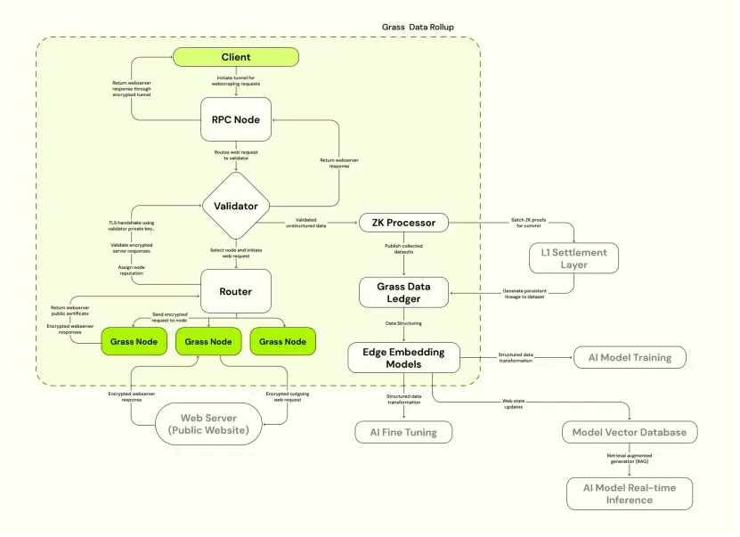 Diagram of the Grass Data Rollup architecture, showcasing components like RPC Node, Validator, Router, Grass Node, ZK Processor, Grass Data Ledger, and their integration for AI model training.