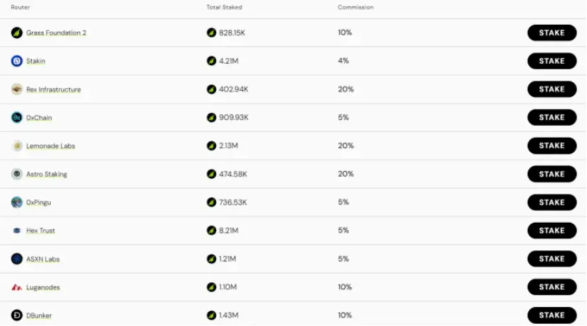 Table of router staking options in the Grass network, showing total staked amounts, commission rates, and staking options for routers.